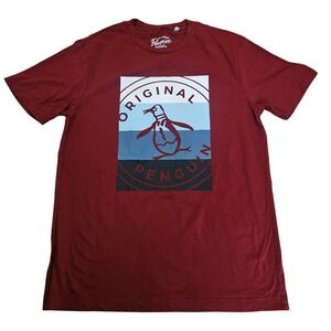 Original Penguin Mens Burgundy Graphic Logo T-Shirt Small Short Sleeve Red